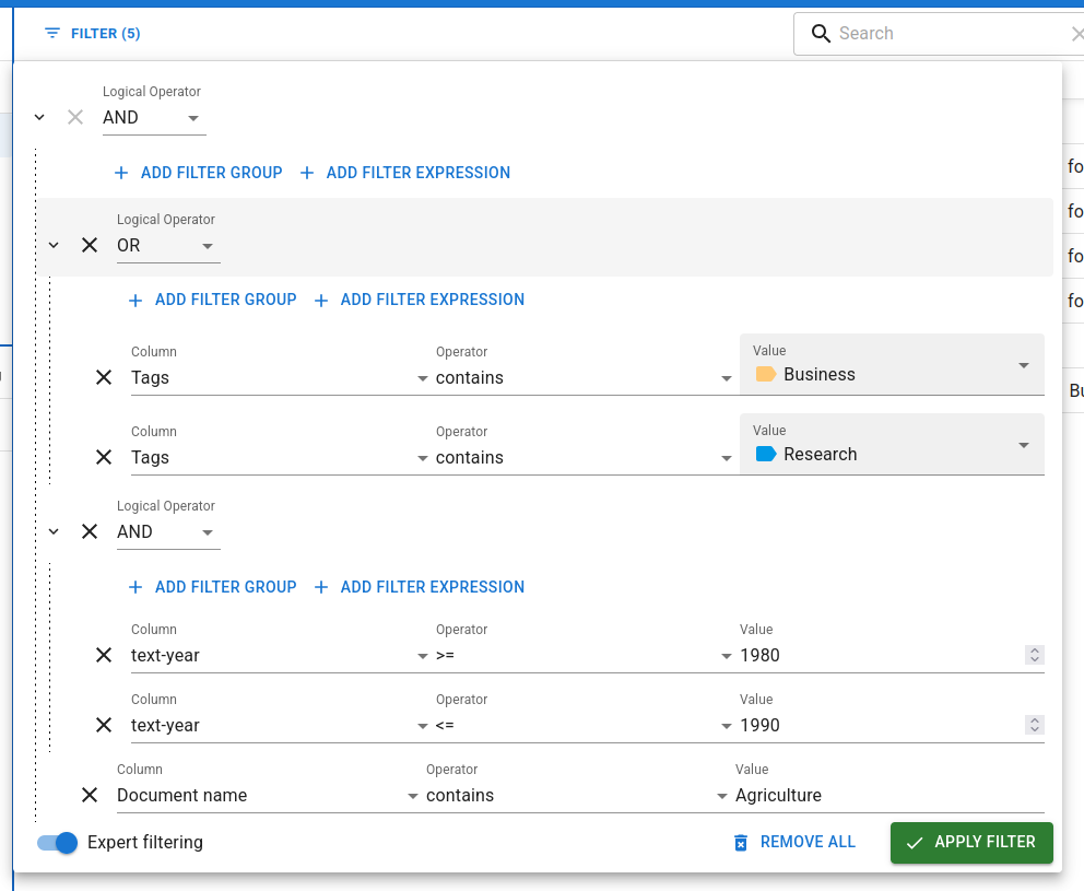 Search Filter Dialog